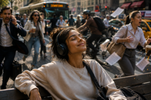 Woman peacefully listening to music while the busy world moves around her