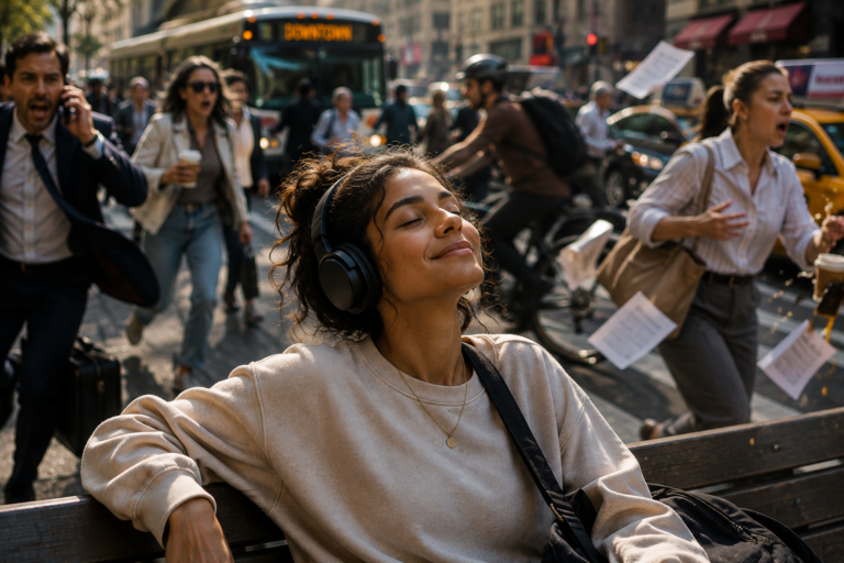 Woman peacefully listening to music while the busy world moves around her