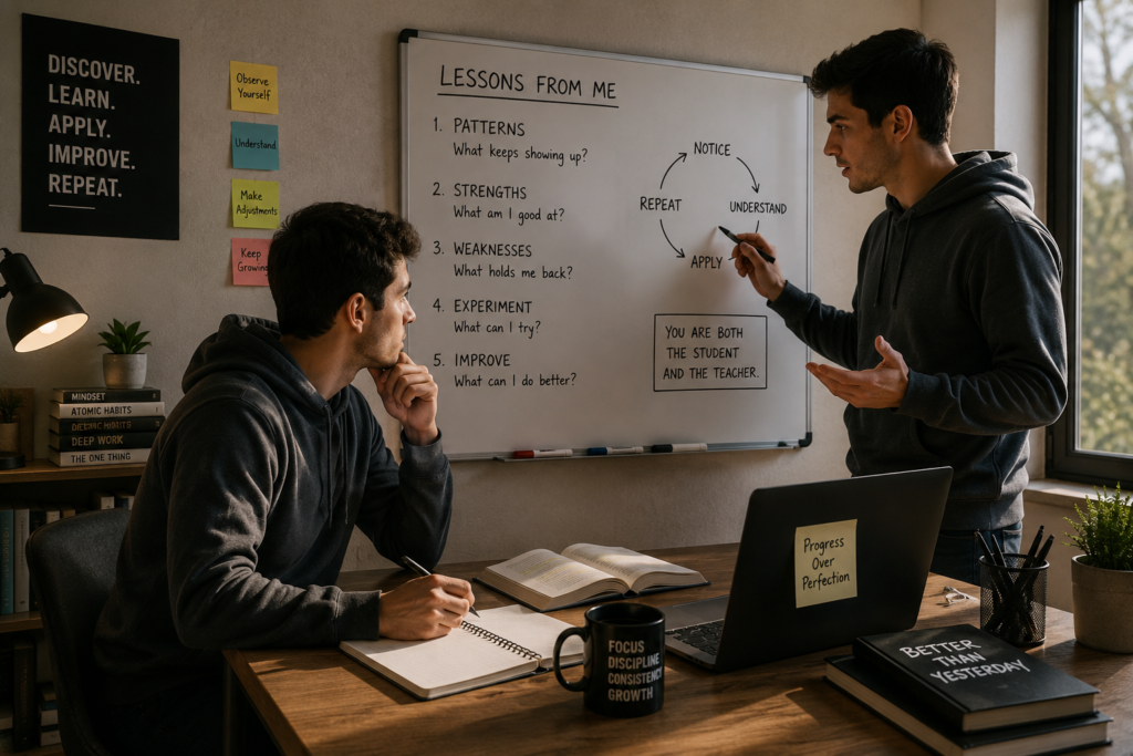 A man teaching another version of himself about patterns, strengths, weaknesses, and personal growth.