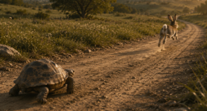 Tortoise moving steadily along a trail while a rabbit races far ahead